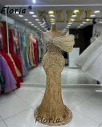 Delicate Pearls Crystal Champagne Celebrity Party Dress Couture Beads Tassel Mermaid Wedding Event Gown Long Evening Prom Dress