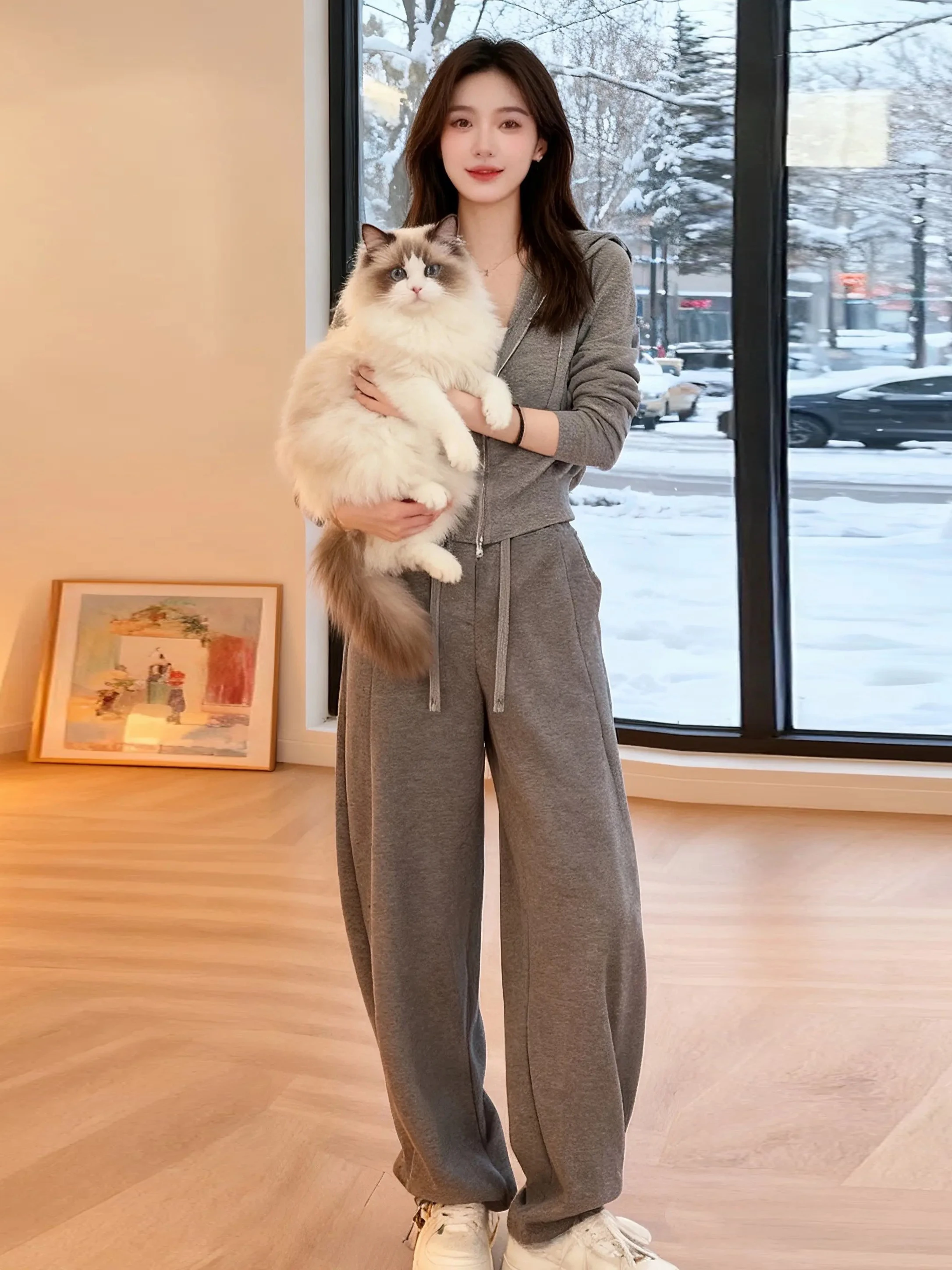 

Комплект повседневной спортивной одежды La Chapelle, женский серый свитшот на флисовой подкладке и брюки, комплект из двух предметов, новый стиль для весны, осени и зимы