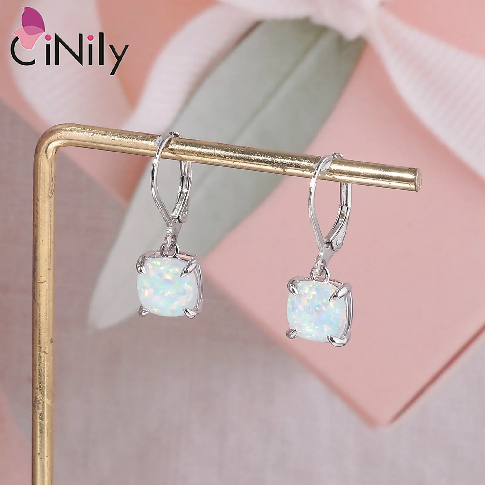 CiNily White Fire Opal Drop Dangle Earrings With Square Stone Rose Gold/Silver Plated Fashion Jewelry for Woman Gifts