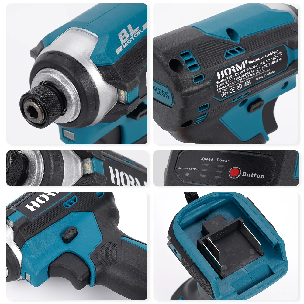 Chave de fenda elétrica sem escova, 18v, chave de impacto sem fio, 1/4 polegadas, 3 velocidades, ferramenta elétrica led para bateria makita 180n.m