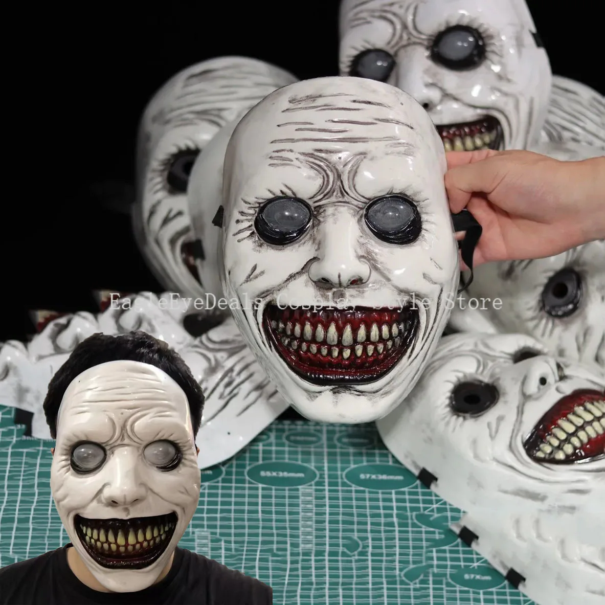 Exorcist Cosplay Smiling Face Demon White Eyes Realistic Mask Horror Scary Evil Creepy Ghost Zombie Skull Halloween Costume Prop