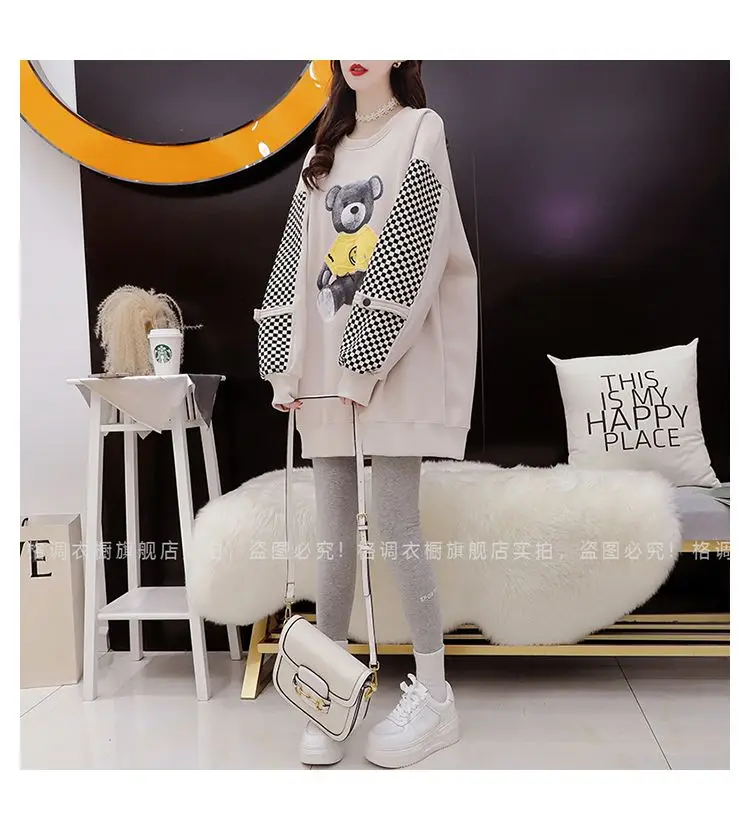 Fashion Solid Color Cartoon Plaid Casual Sweatshirts Female Clothing 2023 Autumn Oversize Korean Tops Casual Sweatshirts