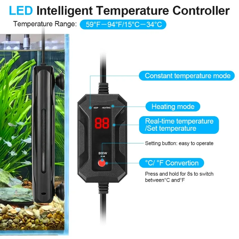 Submersible Fish Tank Heating Rod Automatic Constant Temperature Aquarium Heat Rod Digital Quartz Heater Fishbowl Thermostat