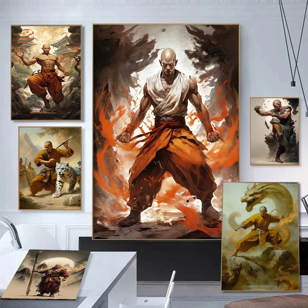 شاولين معبد الراهب المحارب المشارك يطبع لغرفة المعيشة ، ديكور المنزل ، الصينية KongFu البوذية قماش اللوحة ، جدار الفن