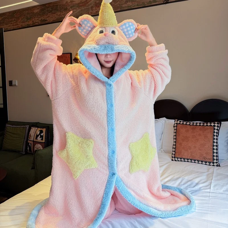 Women Cartoon Mouse Hooded Plush Robe  Winter Thick Coral Fleece Loungewear Cute Star Pocket Long Bathrobe Home Sleepwear
