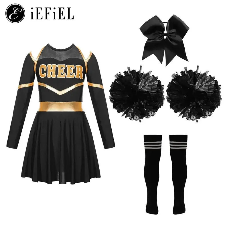 

Girls Cheerleader Costume Halloween Cheerleading Dress with Pom Poms Bow Hair Clip Socks Birthday Party Gifts