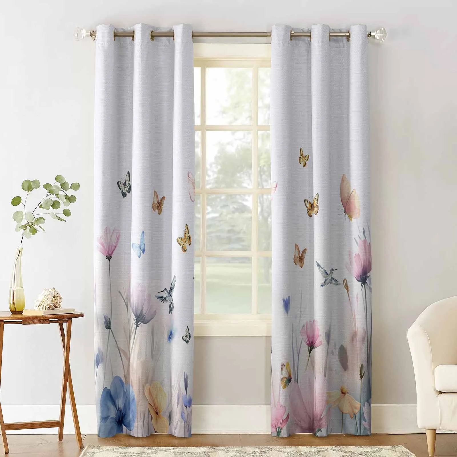 Butterfly Hummingbird Flower Watercolor Blackout Curtains For Living Room Bedroom Window Treatment Blinds Drapes