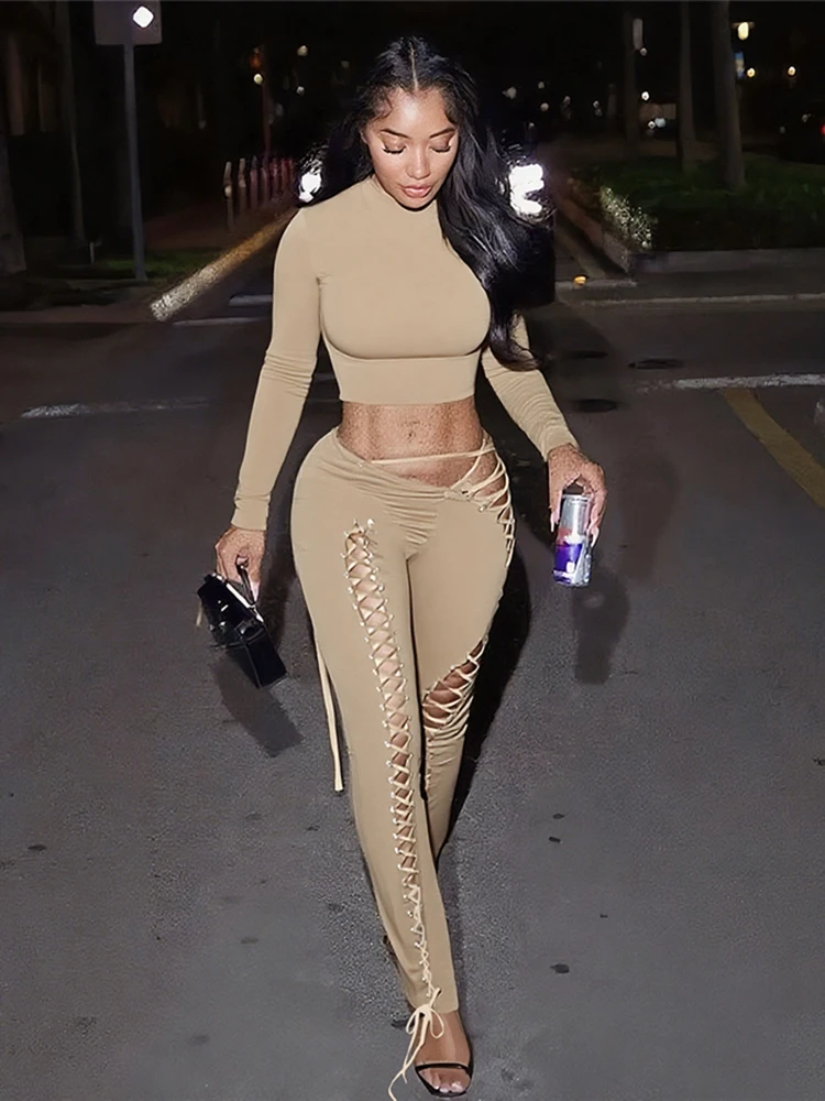 

Leosoxs Sexy Women 2 Piece Set Casual Tracksuit Full Fall Crop Tops+Shirring Irregular Pants Stretch Streetwear Skinny Suits