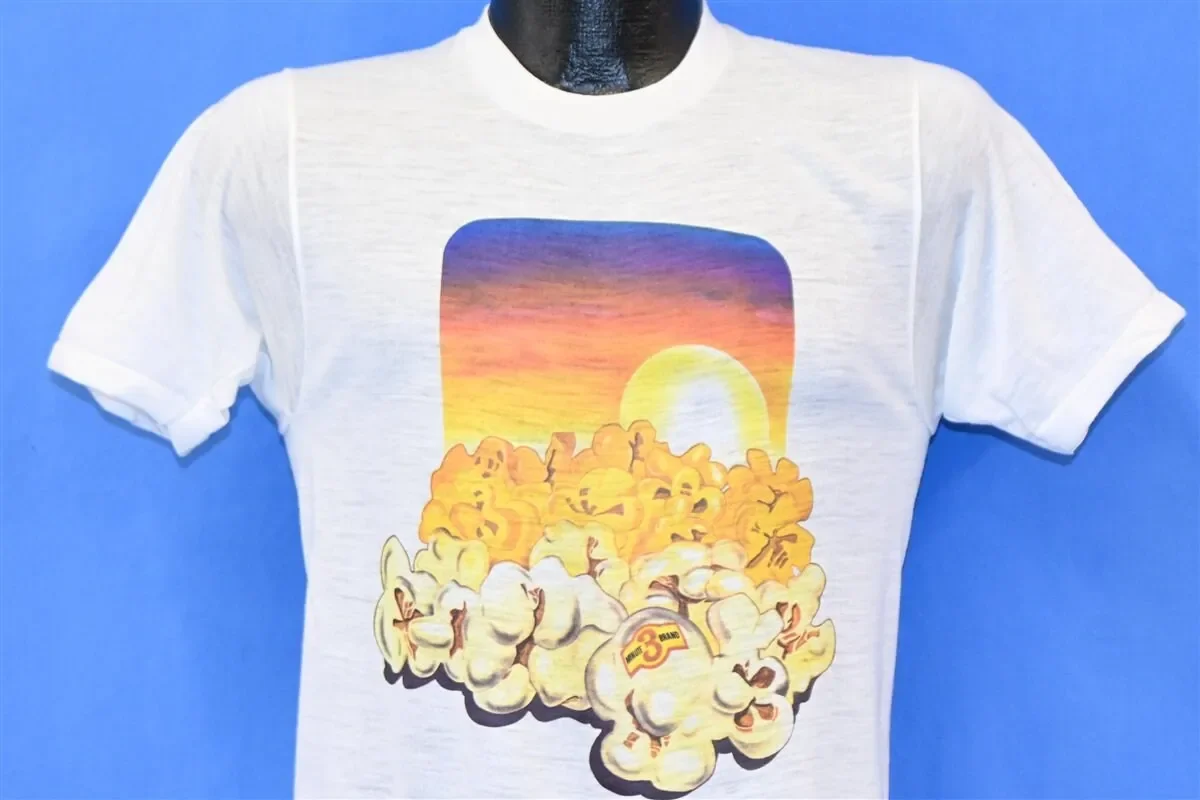 70s 3 Minute Brand Popcorn Tin Can Sunset T Shirt Small
