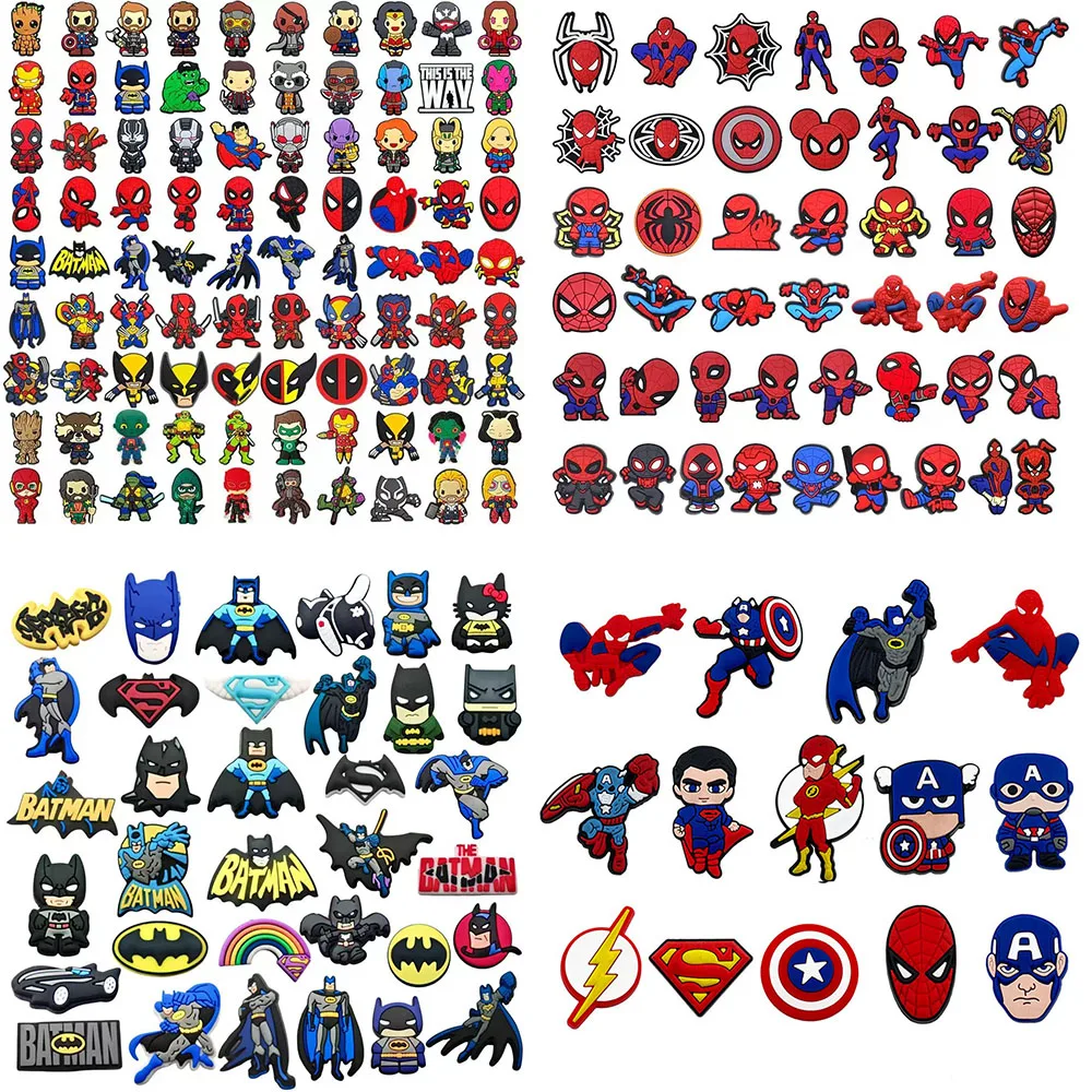 20-200 Peças Aleatórias de Charms para Sapatos da Série Marvel Spider-Man, Decorações DIY de PVC para Crocs, Acessórios de Qualidade Premium