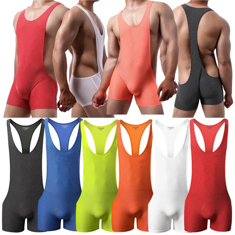 Sexy Mens Bodysuits Shorts Sports Gym Undershirt Fitness Bodybuilding Wrestling Singlet Jumpsuit Bugle Pouch Beachwear Sportwear