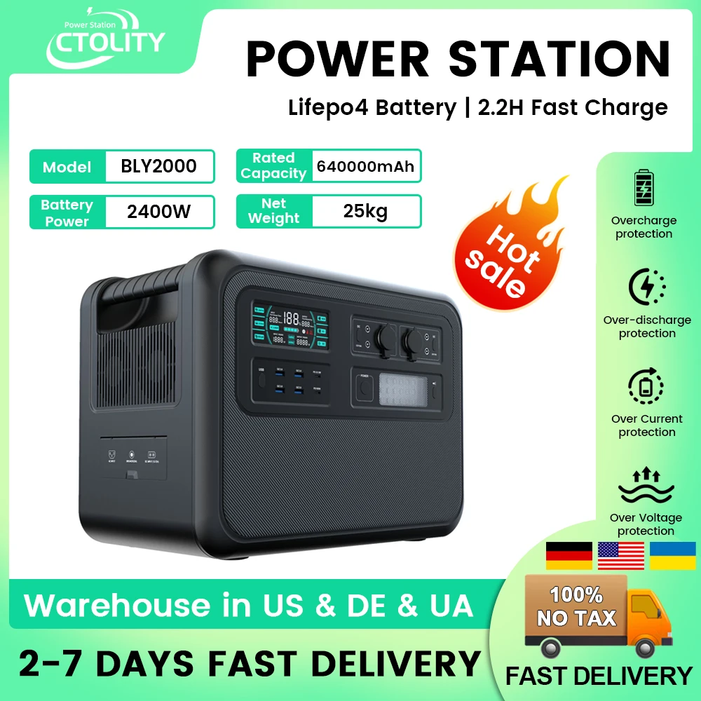 2400W Portale Power Station 640000mAh 220V UPS Camping Lifepo4 Battery Capacity Pure Sine Wave Home Emergency Energy Power Suppl