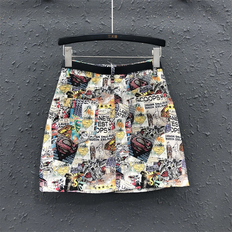 Fashion Retro Printed High Waist Denim Skirt for Women 2024 Summer New Casual All-Matching A- Line Hip-Wrapped Skirt Mini Skirt