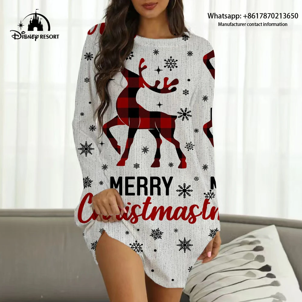 

Christmas gift for girlfriend long-sleeved home dress women's round neck pullover to knee dress 3D cartoon print home dress