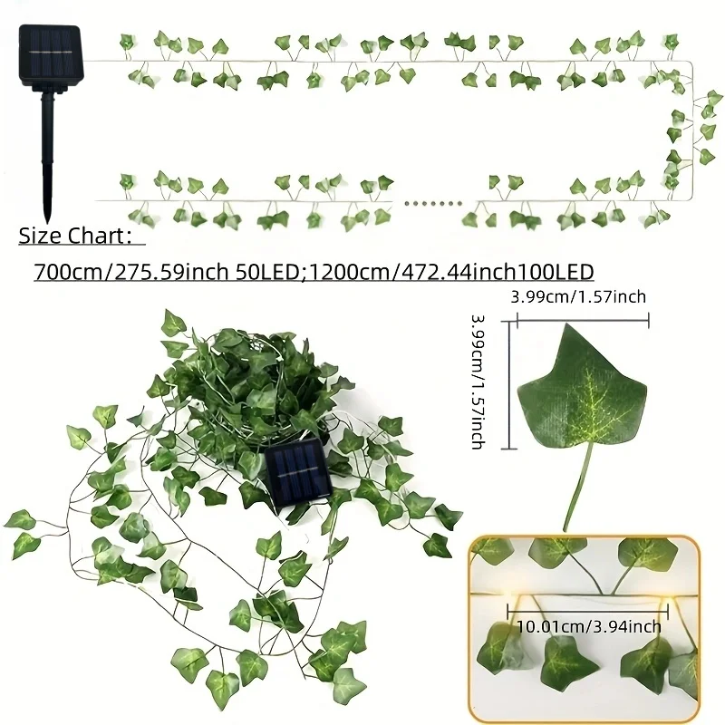 12mSolar Ivy String Lights LED Outdoor Vite artificiale Ghirlanda di Natale Fata String Lampada per piante Foglia d'acero Stringa di rattan verde