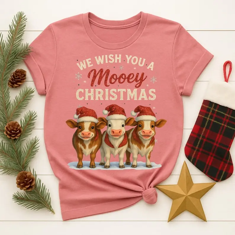 Mooey عيد الميلاد عطلة تي شيرت أكواب وفن قابل للطباعة جميل ثلاثة الأبقار الرسوم المتحركة نمط قصيرة الأكمام الجمالية الشارع الشهير تيز