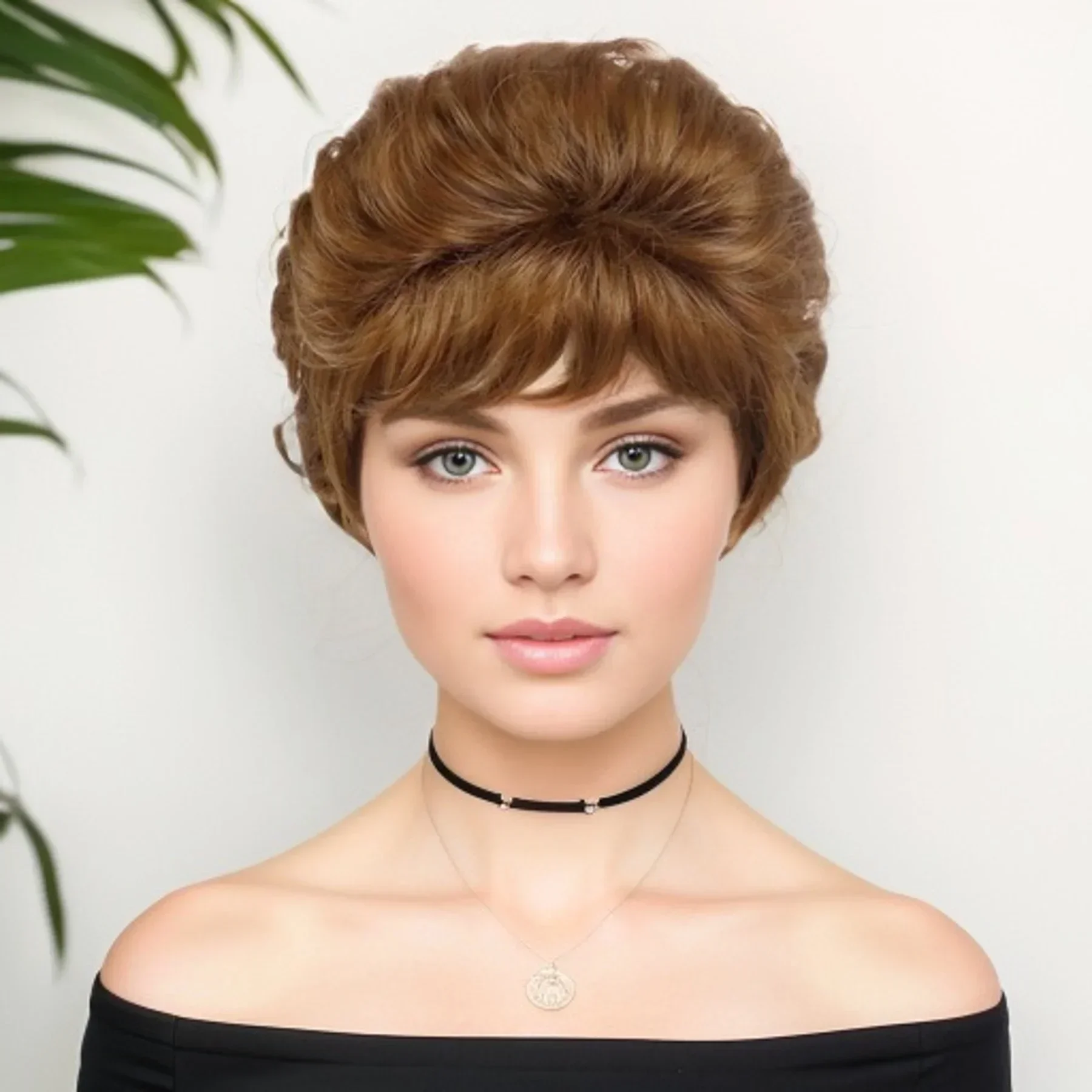 Premium Synthetic Wigs for Women Short Curly Wig with Bangs Red Brown Wigs for Mother Daily Wear Natural Hair Styles Mommy Wig