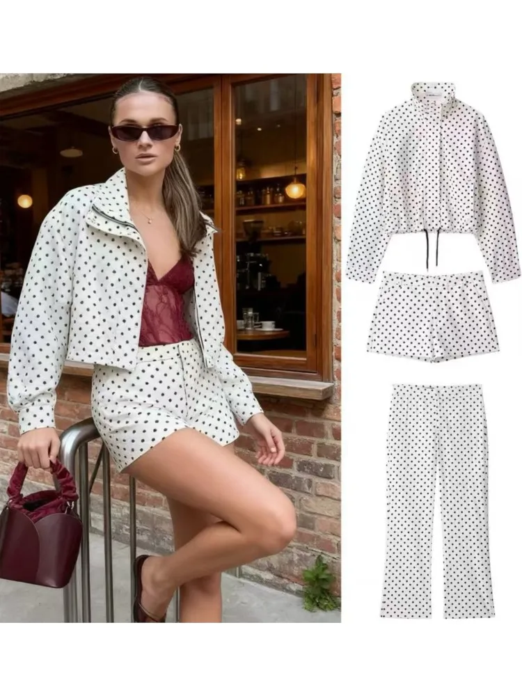 

Autumn Fashion Polki Dot Jacket Long-sleeved Jacket Top Shorts Pants Suit Women's Personality Street Loose Casual Commuting Suit