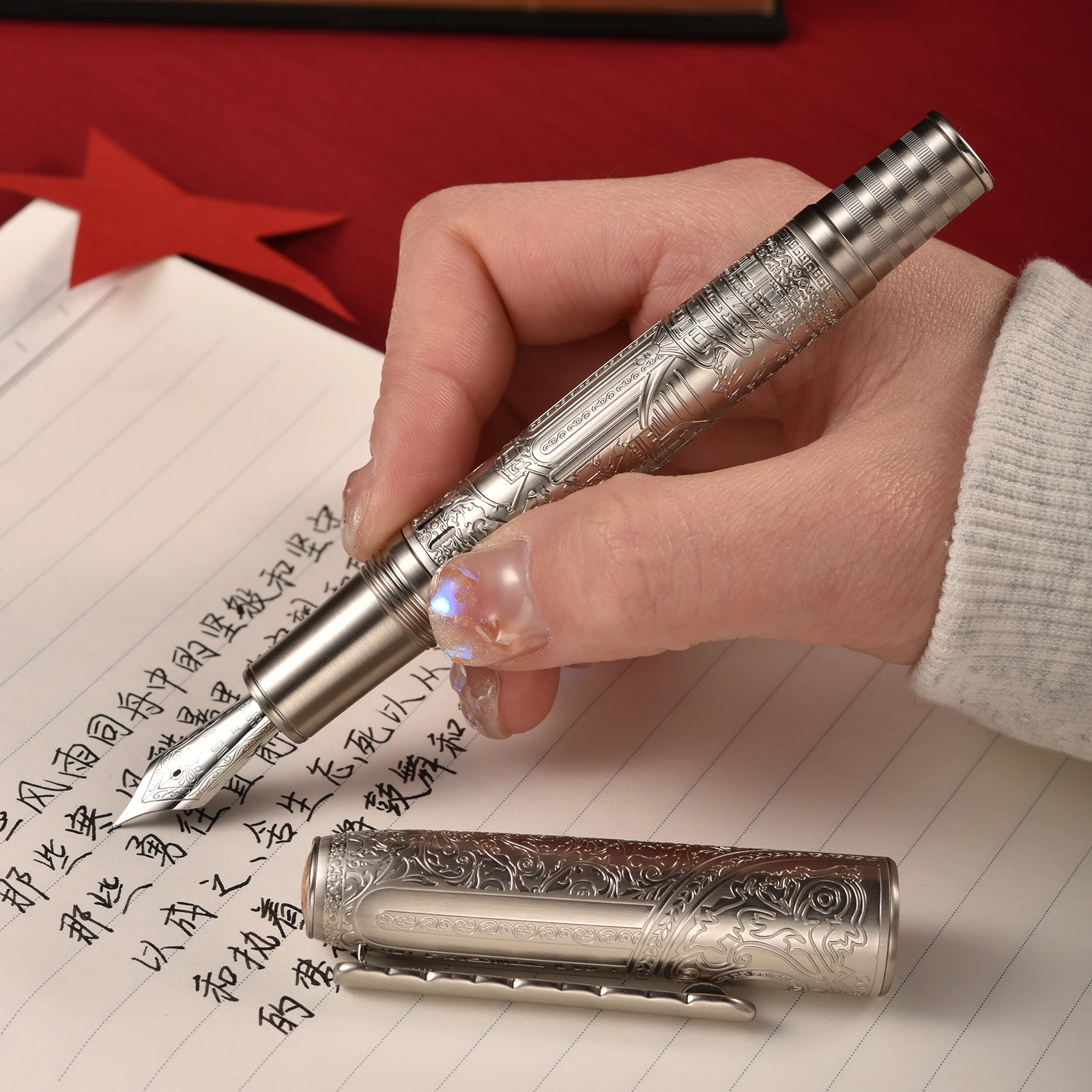 Hongdian 100 pióro wieczne z tłokiem Iridium EF/F/M/długa stalówka do noża, piękne grawerowanie metalu duże pióro do pisania — zdjęcie produktu 5