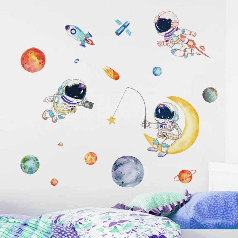 Cartoon Planet Astronaut Wall Stickers Self Adhesive Kids Room Decor Bedroom Nursery Background Wall Decals Home Decoration