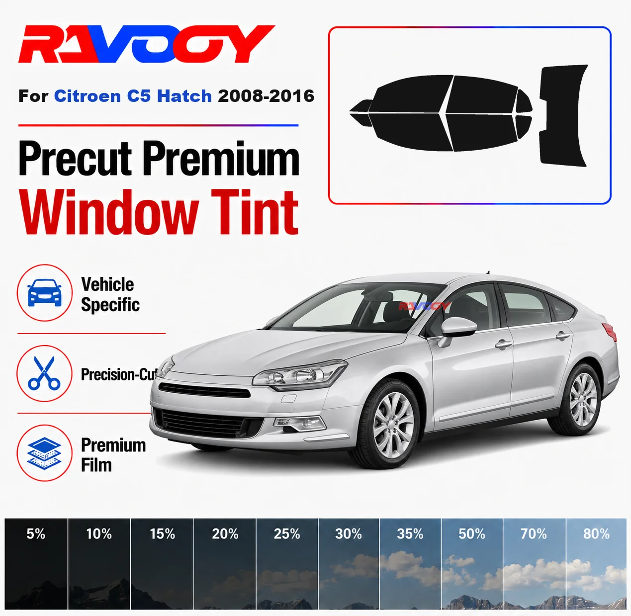 Premium Precut Window Tint Kit Front Rear Windows Rear Windshield For Citroen C5 Hatch 2008-2016 Complete Set Nano Ceramic Film
