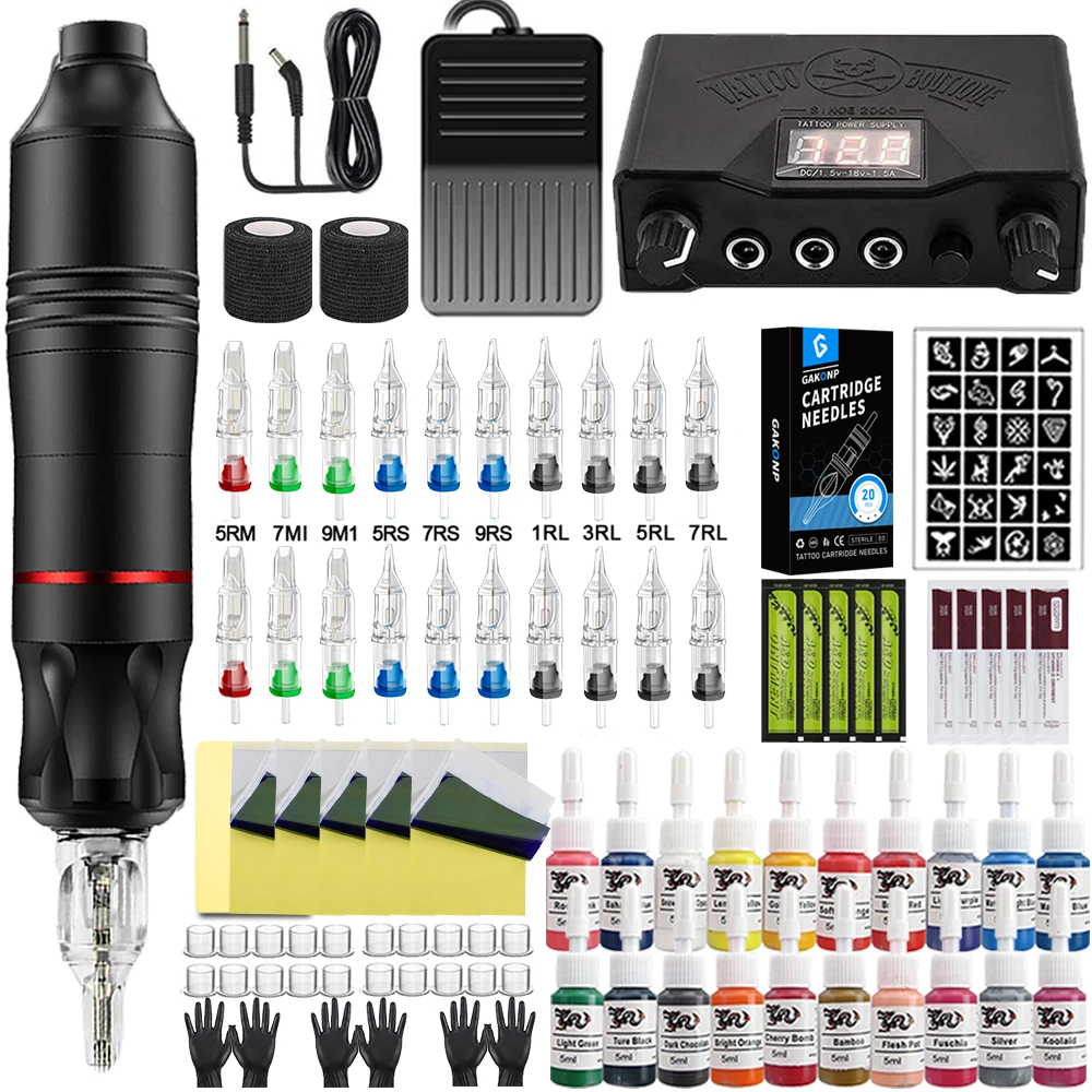 

Complete Tattoo Machine Pen Kit Rotary Machine Gun Set Cartridge Needles Power Supply Ink Accessory for Tattoo Body Art Beginner