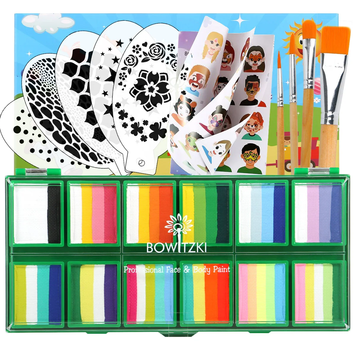 Bowitzki 12x10gm Professional Face Paint and Body Paint Set One Stroke Split Cake Rainbow Non Toxic Hypoallergenic with Template