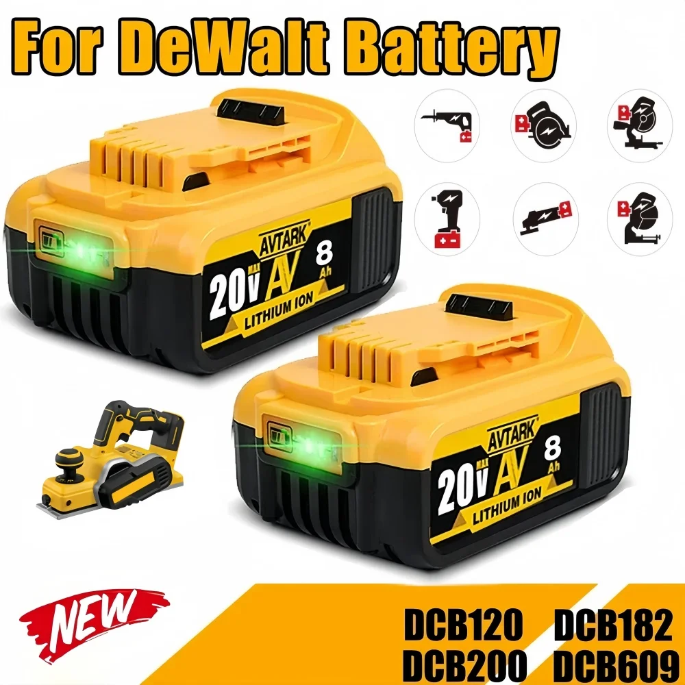 

100% Compatible For DeWalt 18V/20V 8000mAh Rechargeable Power Tools Battery with LED Li-ion Replacement DCB205 DCB204-2 DCB206