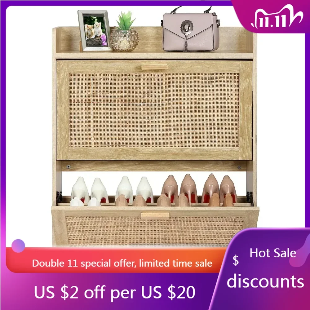 

Extended Edition Shoe Cabinet with Natural Rattan Flip Drawers for Entryway, Free Standing 2 Tier Slim Shoe Organizer