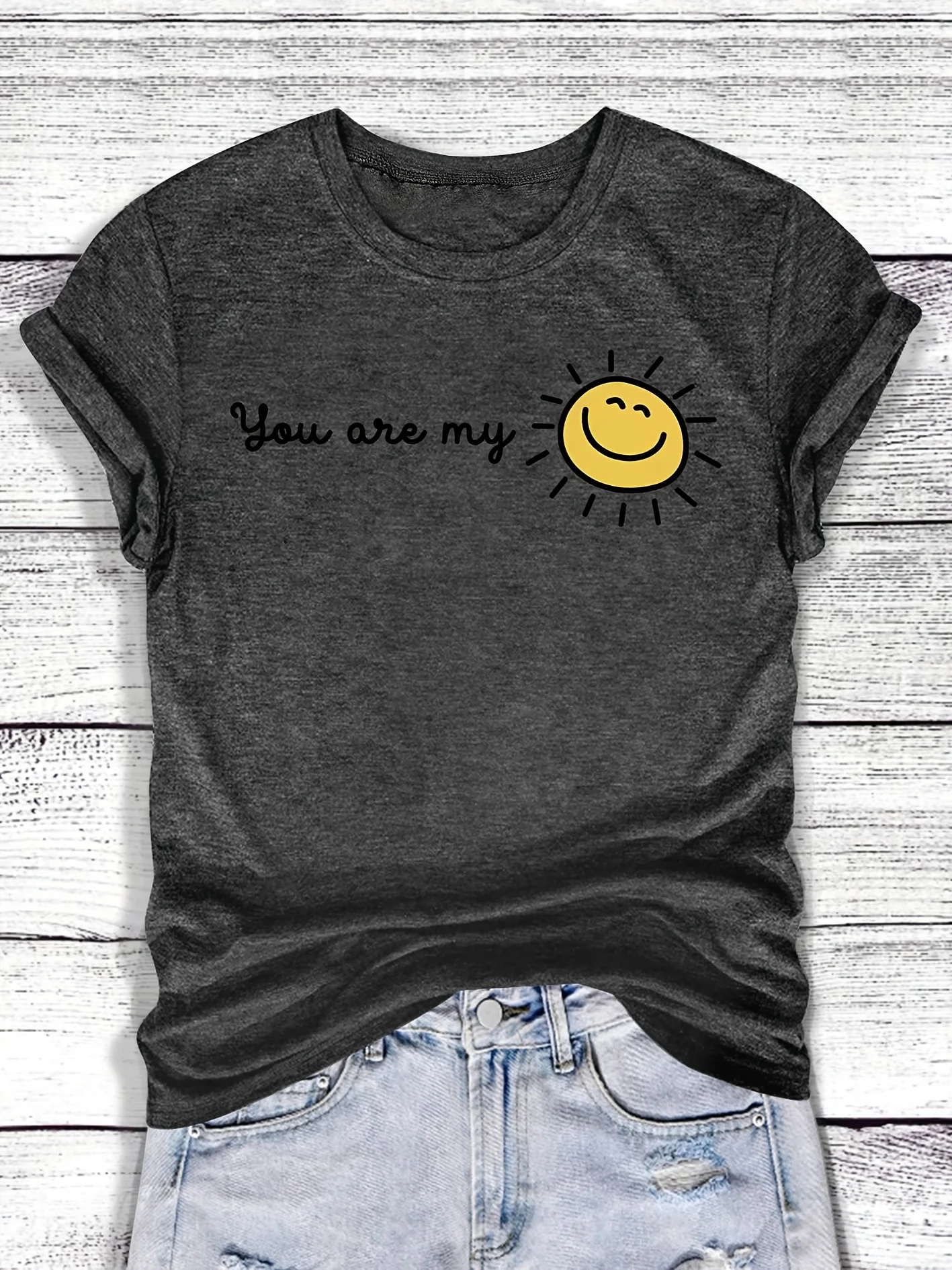 Women Heather Pink Crewneck Tee You Are My Sunshine Smiley Sun Letter Print Casual Short Sleeve Daily Summer Top