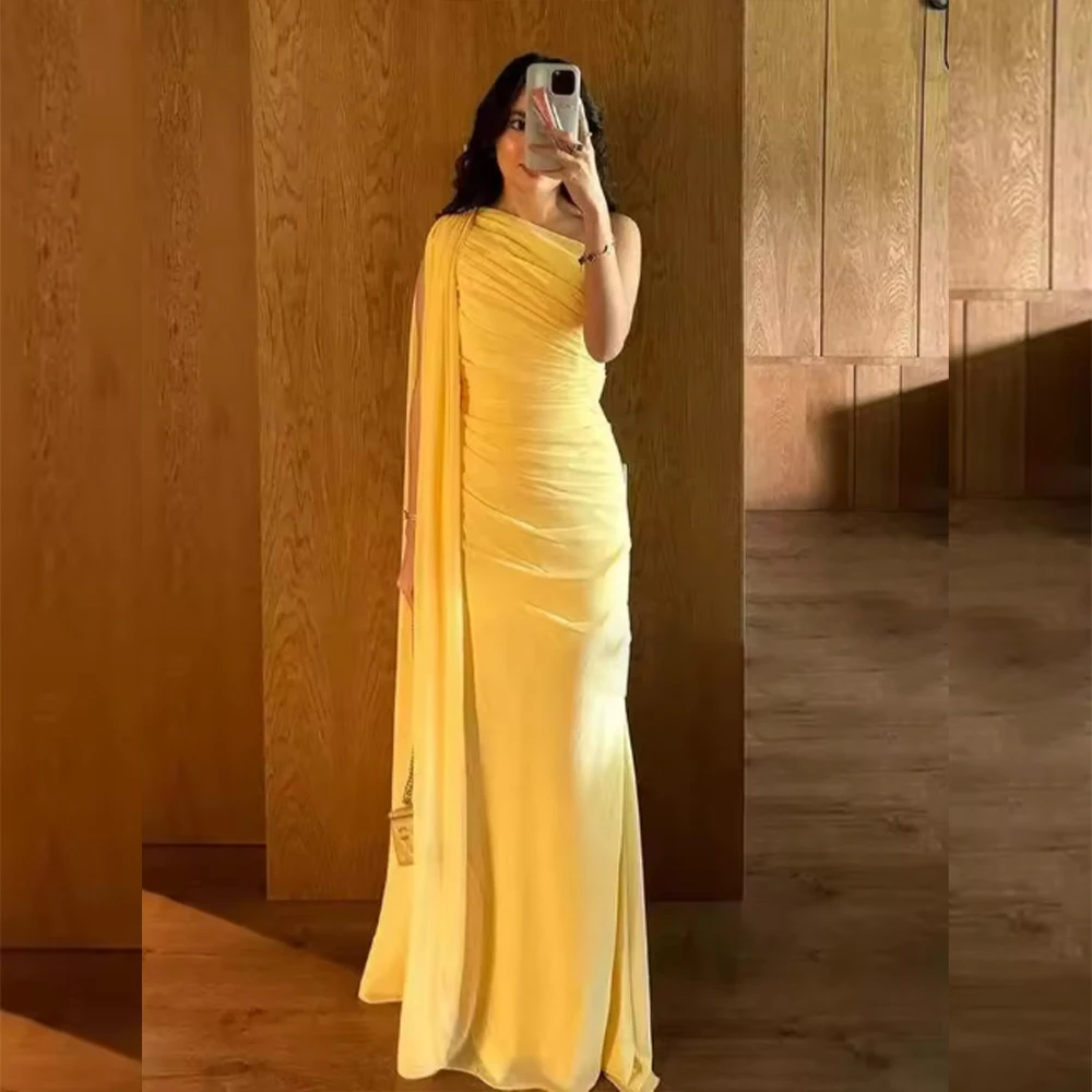 

Yellow One-Shoulder Evening Dress Floor-Length Zipper Up Sleeveless Pleat Chiffon Dresses Elegant Party Prom Gown New Customized