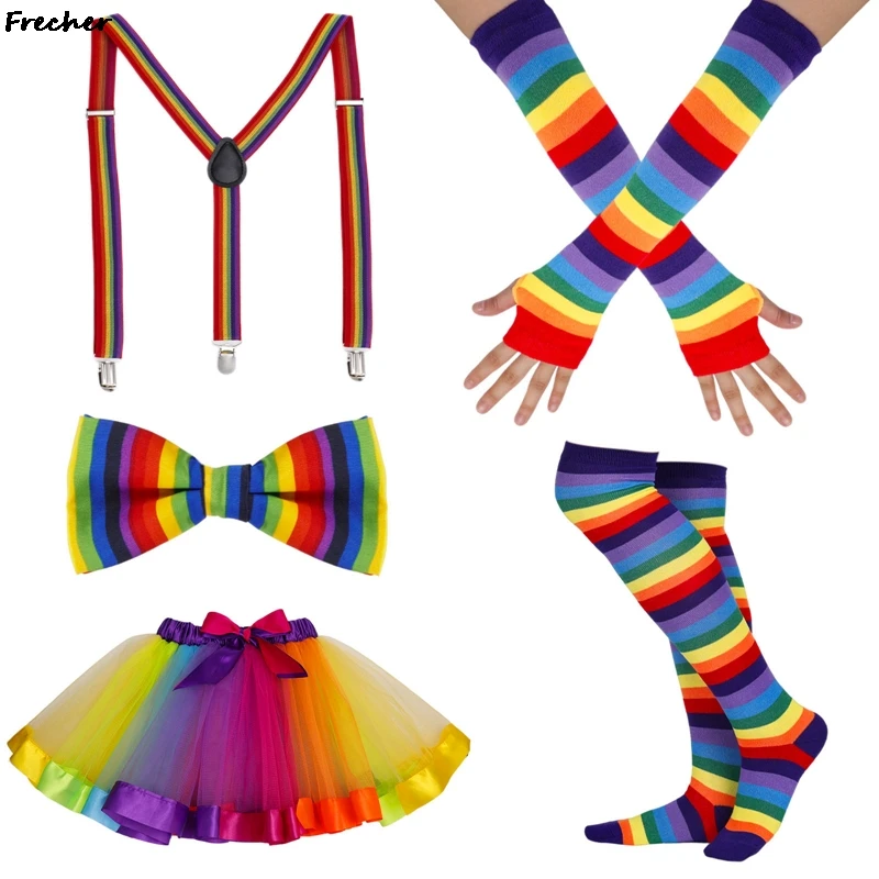 

Clown Performance Tutu Skirt 5pcs Cosplay Set Role Play Fancy Dress Costume Rainbow Striped Bee Ears Headband Suits Children