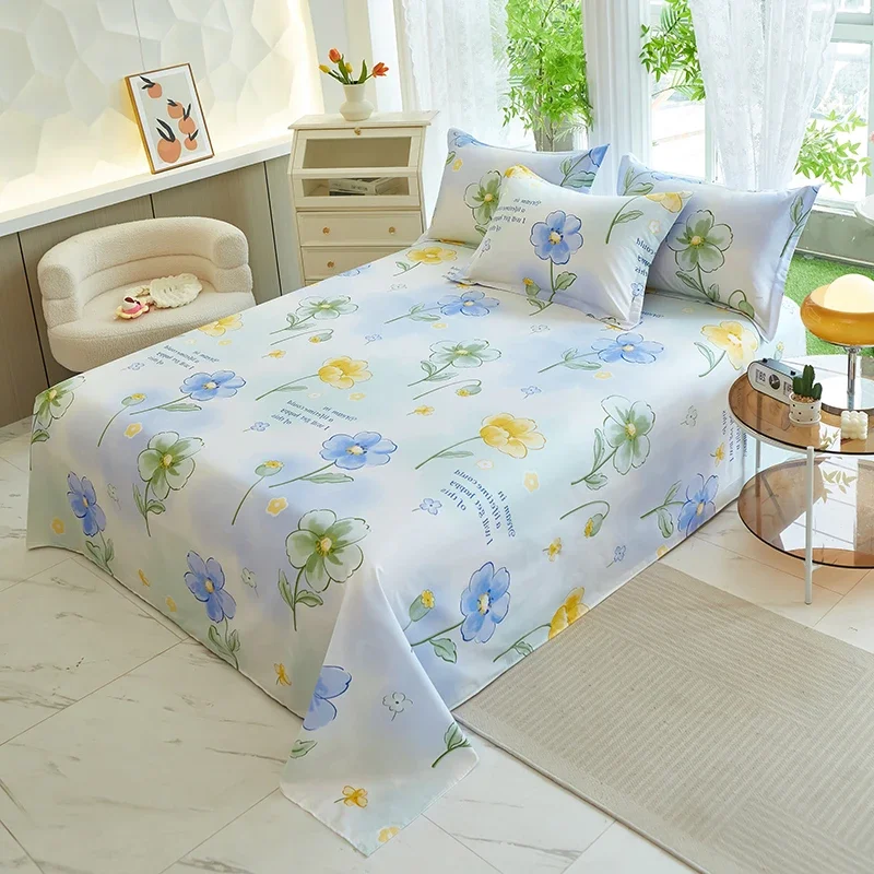 Botanical Floral Flat Sheet Twin Size Garden Flower Bed Sheet Set Soft Cotton Pastoral Wildflowers Bed Cover with 2 Pillowcases