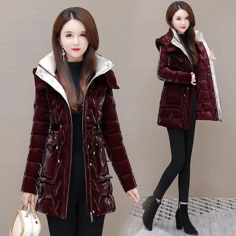 New Women\'s Down Cotton Coat Winter Warm Jacket Long Thick Bright Face Wash Padded Jackets Female Hooded Parker Overcoat Red 5XL