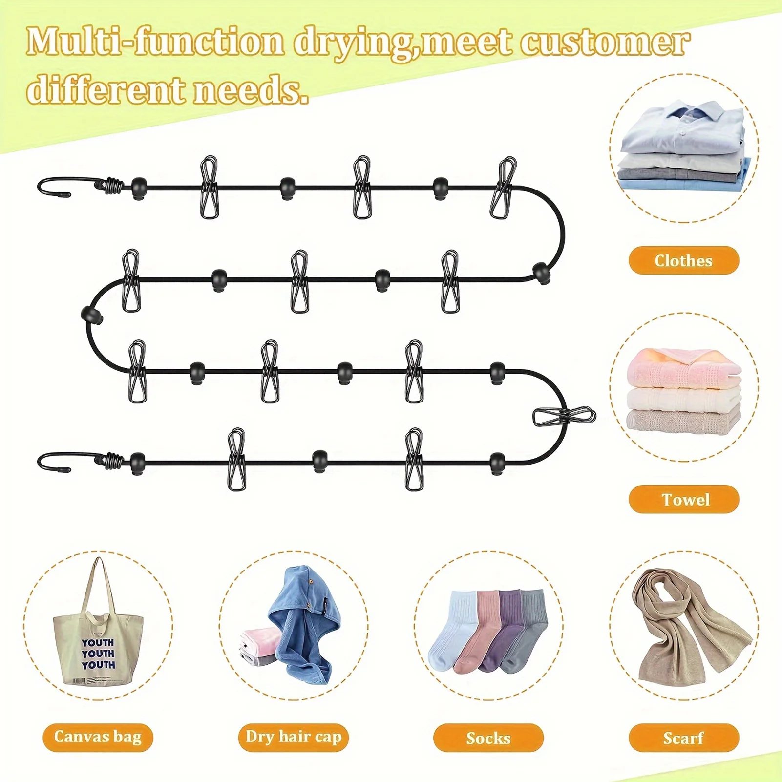 حبل غسيل محمول للسفر مع 12 مشبكًا من البلاستيك غير قابل للانزلاق وحبل تجفيف الملابس للسفر المنزلي والتعليق في الهواء الطلق