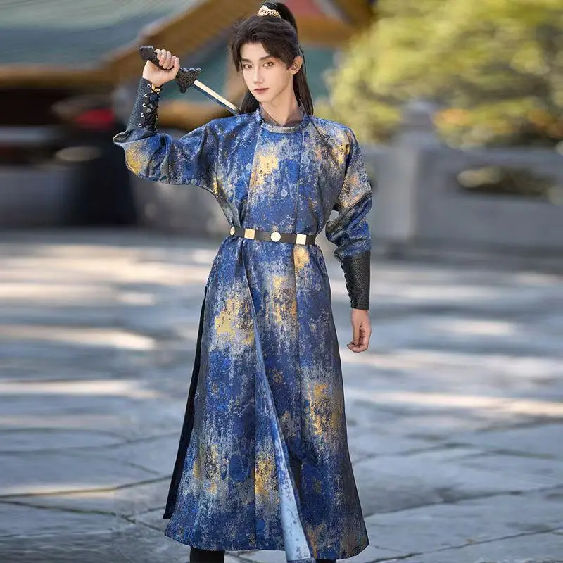 

New Chinese Style Gold Woven Hanfu Men Women Traditional Round Neck Robe Carnival Event Cosplay Show Suits New Year Male Dress