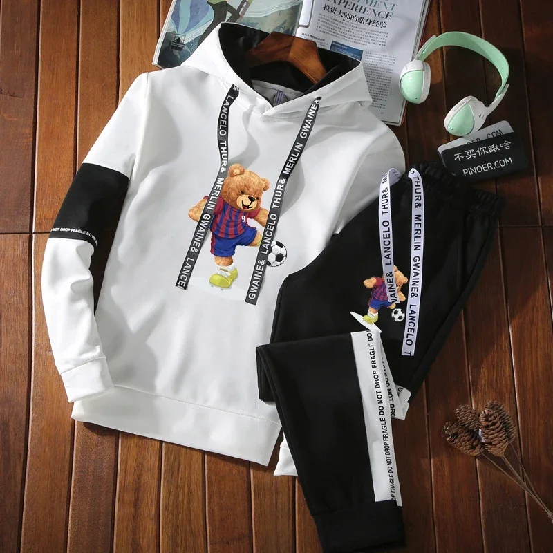Student Set 2024 New Trend Anime Sports Bear Autumn and Winter Leisure Set Men\'s Long Sleeves Clothes for Men Tracksuit Men