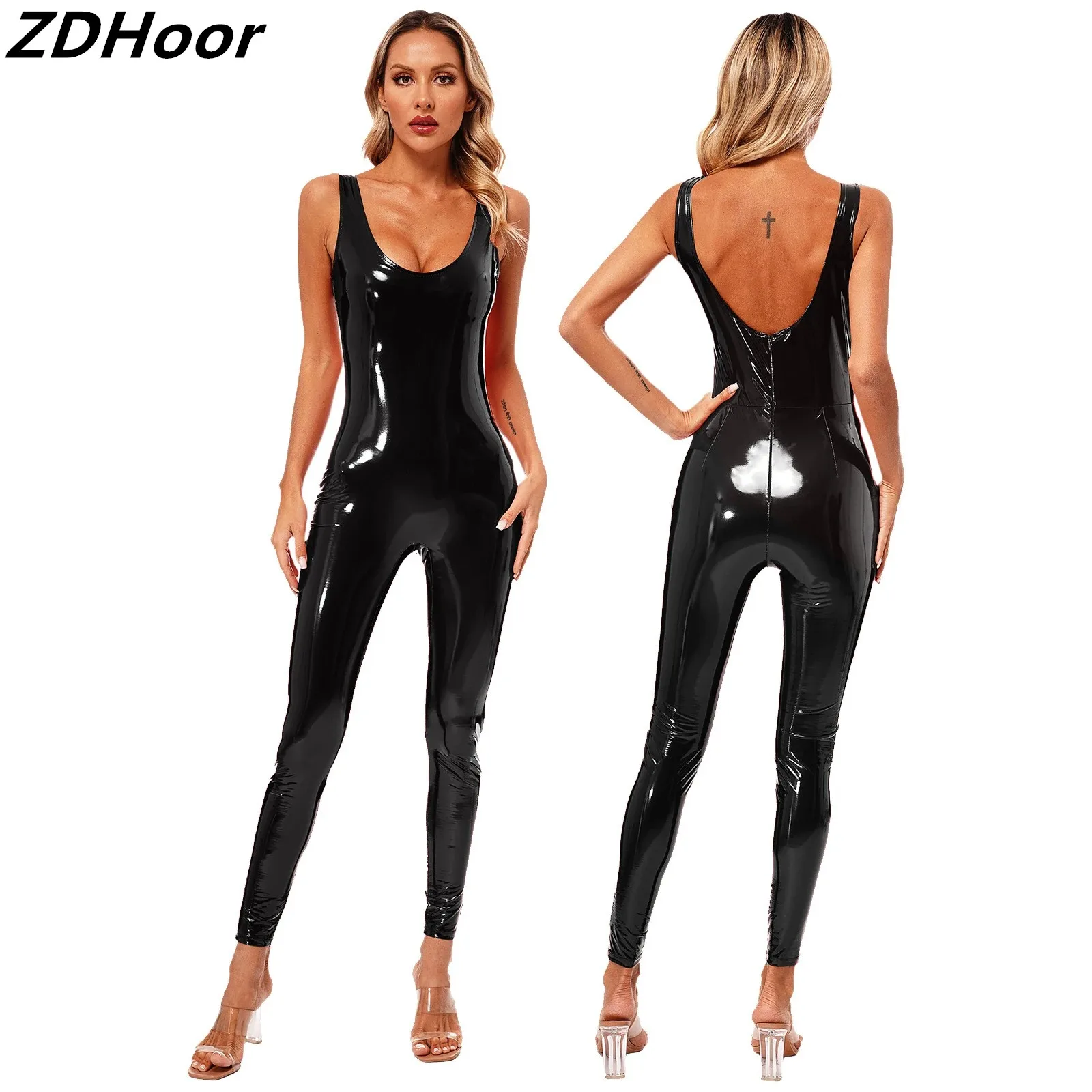 

Womens Glossy Patent Leather Party Rompers Scoop Neck Sleeveless Back Zip Bodycon Catsuit Jumpsuit Clubwear Carnival