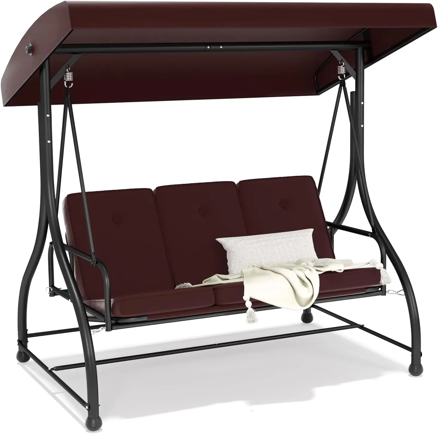

3-Seat Outdoor Patio Swing Glider Heavy Duty Steel Frame Adjustable & Removable Cushions All Weather Brown