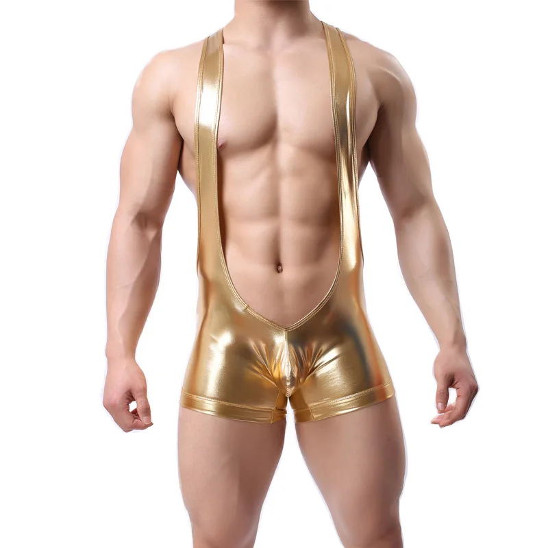 Fashion Faux Leather Sexy Men underwear jumpsuit bodysuit men's undershirt style V vest wrestling Singlet Jockstrap S-XL