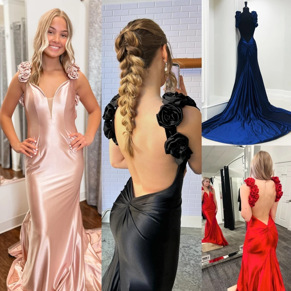 Slinky Rosettes Prom Dress Deep Low Back Winter Spring Formal Evening Party Wedding Guest Gown Pageant Gala Runway Bridesmaid