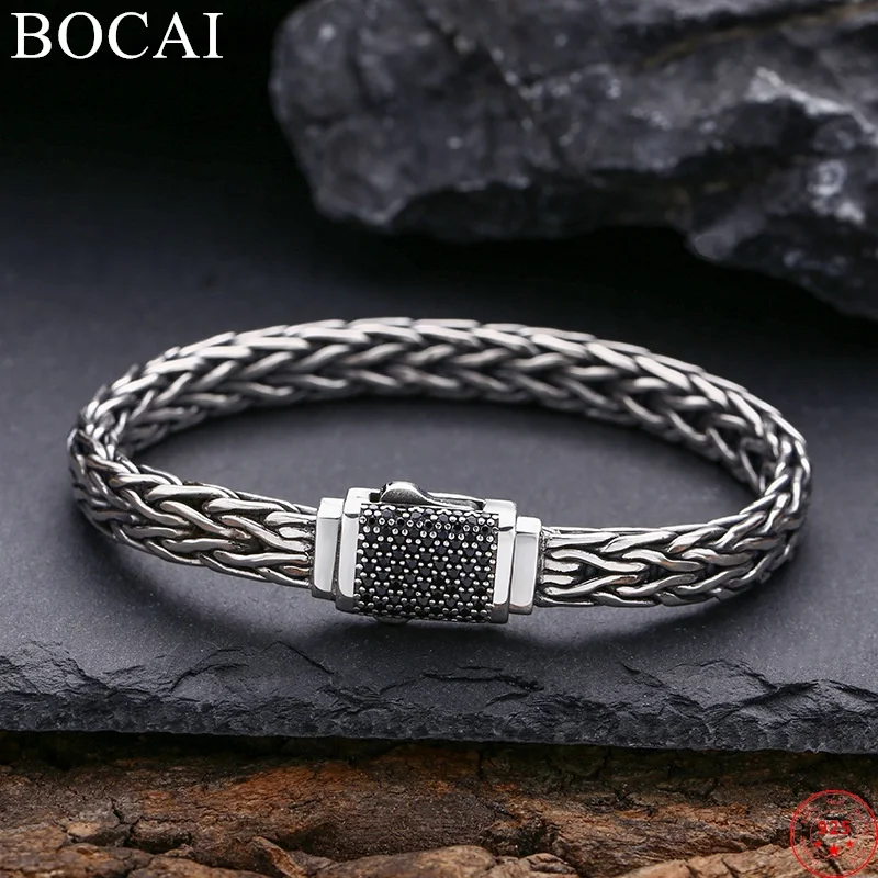 BOCAI S925 Sterling Silver Bracelets for Women Men New Fashion Zircon 8mm Weaven Horsewhip-chain Punk Jewelry