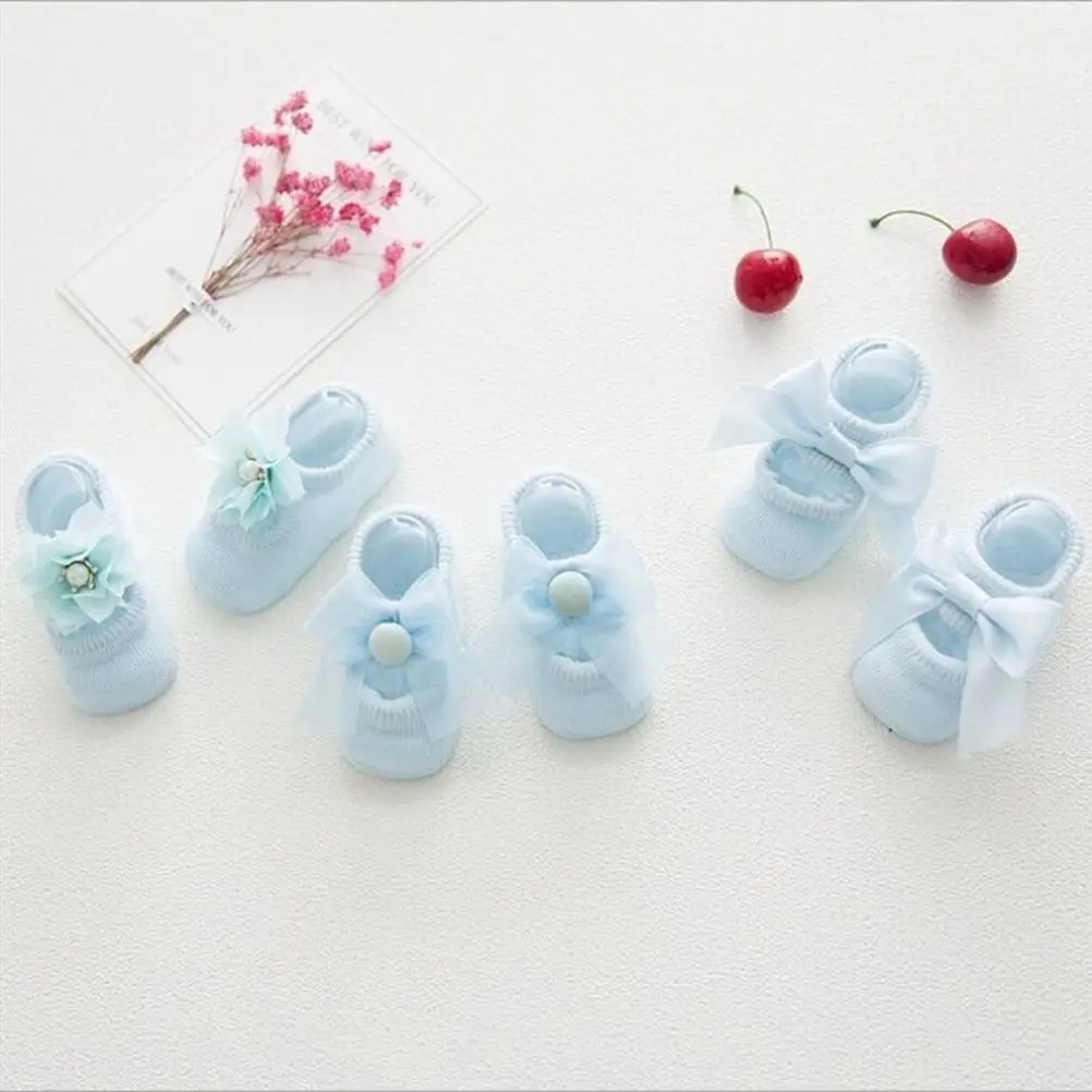 1 par de meias de algodão para bebês, meias para meninas, recém-nascidos, anti-renda, flor, laço, laço, tamanho (azul celeste, estilo aleatório)
