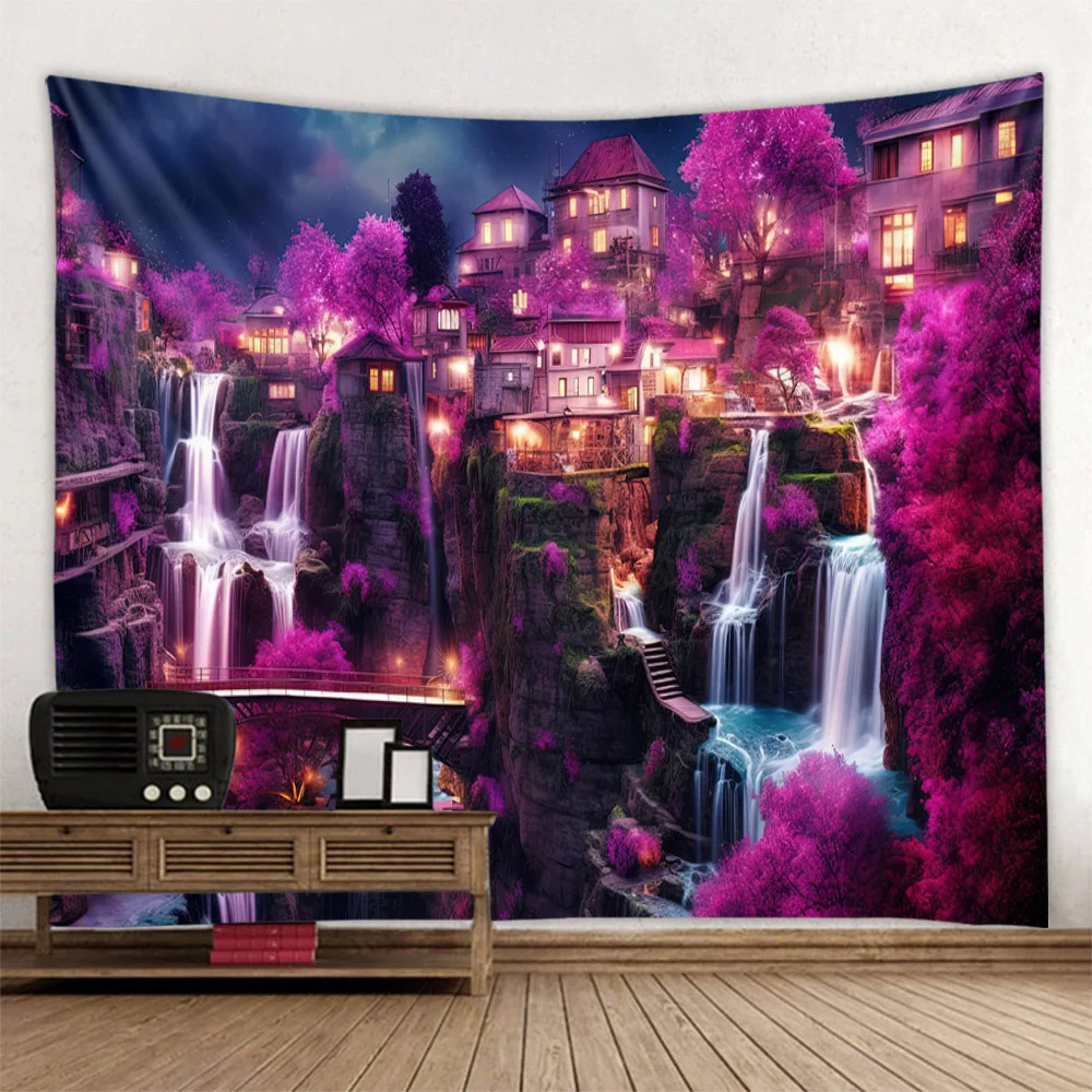 Colorful dreamy waterfall tapestry wall hanging forest night, starry sky landscape home decoration dormitory living room bedroom