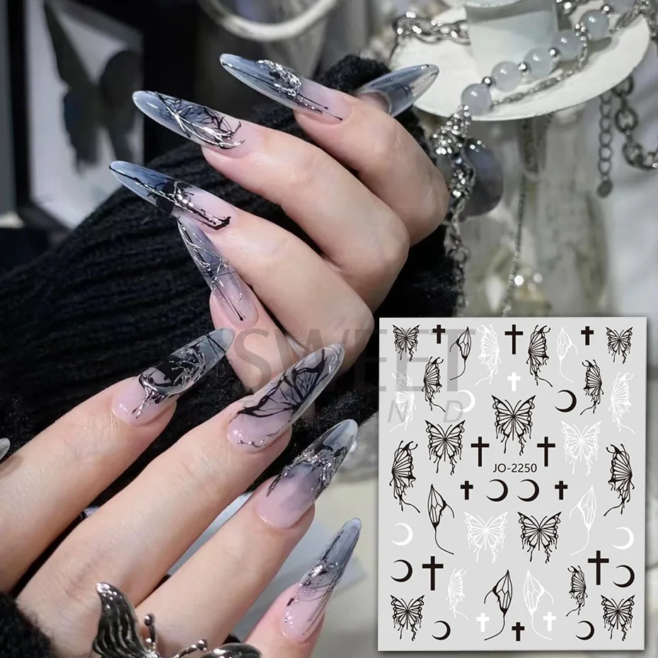 Laser Butterfly Silver Black Nail Art Sticker Hollow Y2K Nails Design Bronzing Star Moon Charms Adhesive Slider Manicure Decals