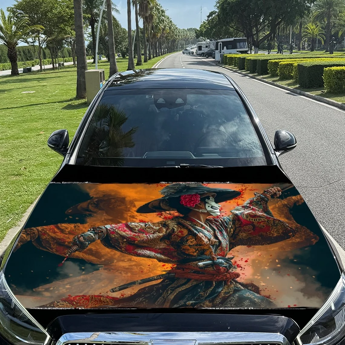 Vibrant samurai warrior design with a skull mask, floral hat, and dynamic action pose on a car hood cover. Perfect for unique ve