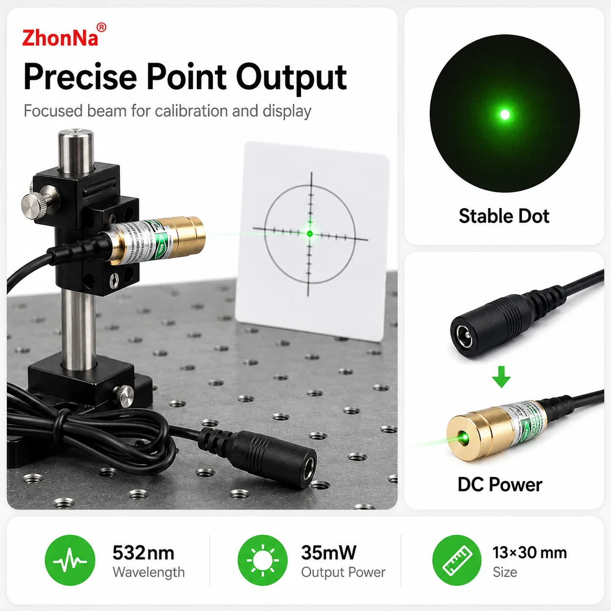 ZhonNa 532nm Green Laser Module Single Point DIY Calibration Display DC Power Supply Tool Instrument Accessory 35mW 13x30mm Lens