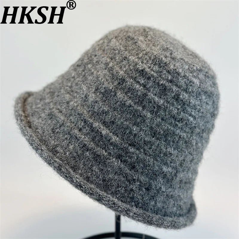 

HKSH Autumn Winter New Women Bucket Hats Rolled Edge Knitted Warm Elegant Temperament High Street Stylish Casual Ins Cap HK11288
