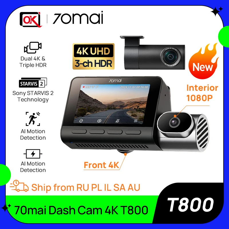 Глобальная версия 70mai 4K T800 3-канальный HDR Суперконденсатор WiFi 6 Голосовое управление Запись GPS Автомобильный видеорегистратор 24 часа Поддержка парковки 4G