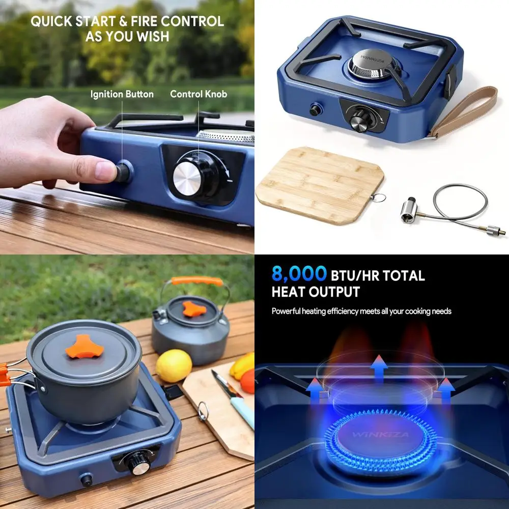 

Портативная пропановая походная плита с разделочной доской, регулируемой горелкой 8000 BTU и пьезоподжигом